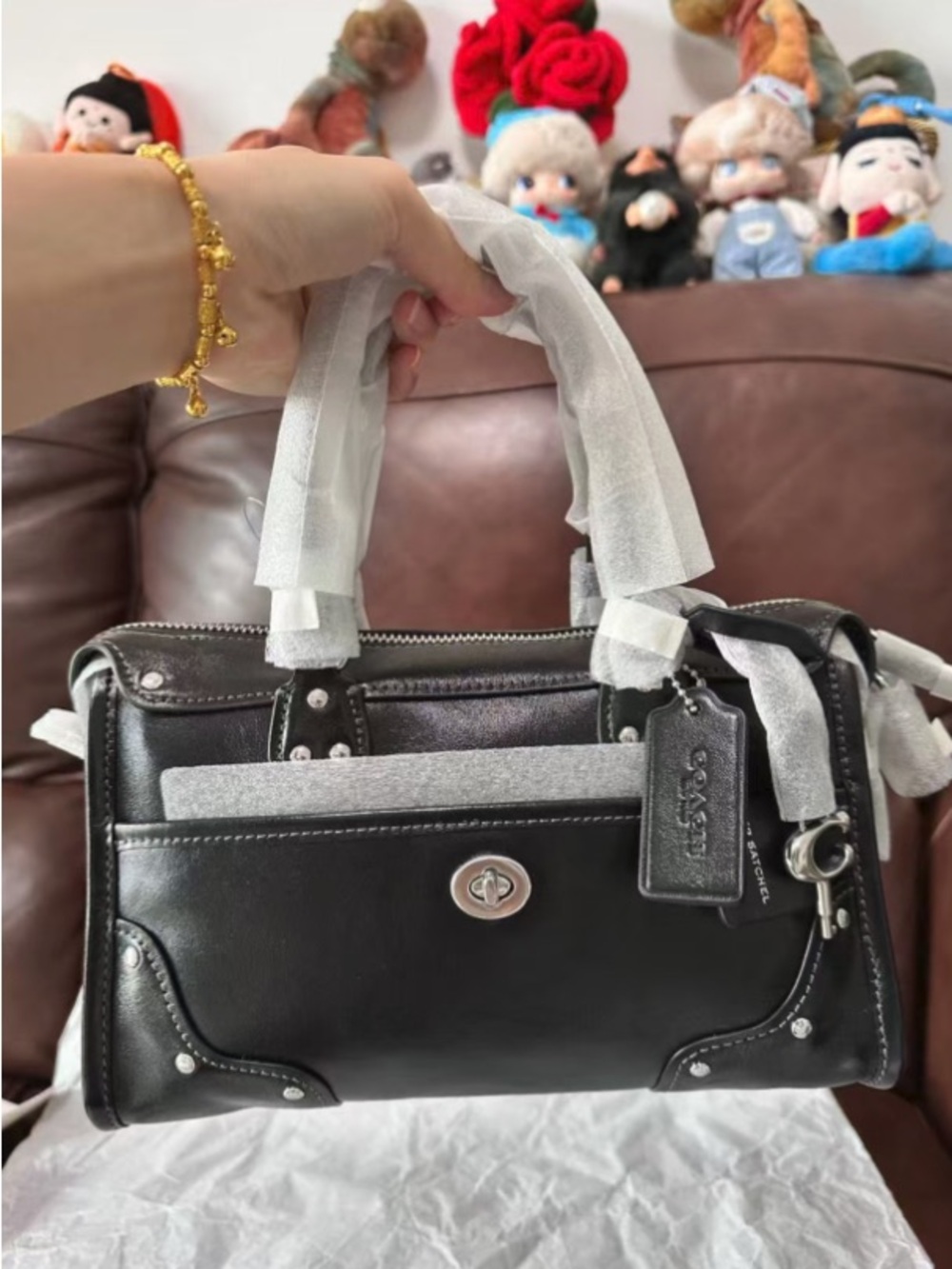 Coach Black Leather Satchel with Silver Turnlock and Accents